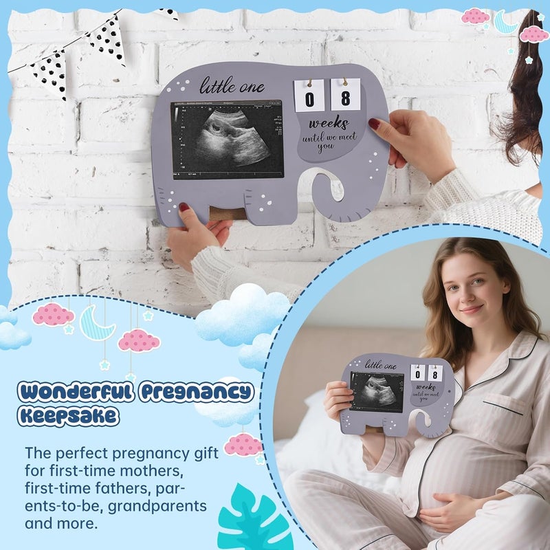 OFUSUY 10 Pcs Pregnancy Announcement Set, Elephant Pregnancy Reveal Ideas Include Felt Letter Board Sonogram Picture Frame Bodysuit Sock Baby Sign and Monstera Leaf for Coming Soon Baby Announcement - Image 4